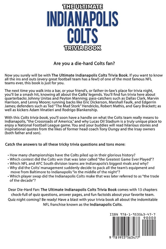 Back cover of 'The Ultimate Indianapolis Colts Trivia Book' with text and a barcode.