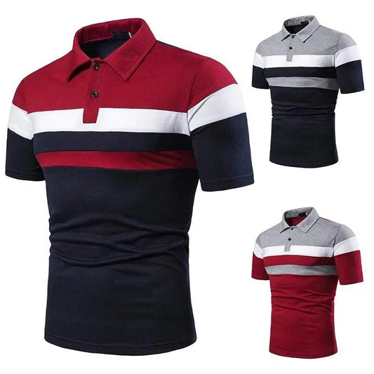 Three polo shirts with different color combinations on a white background