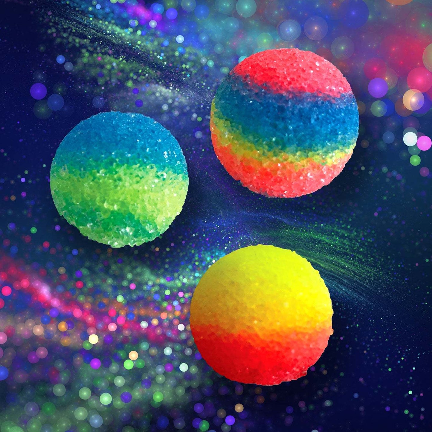 Three colorful gradient balls on a vibrant, multicolored background