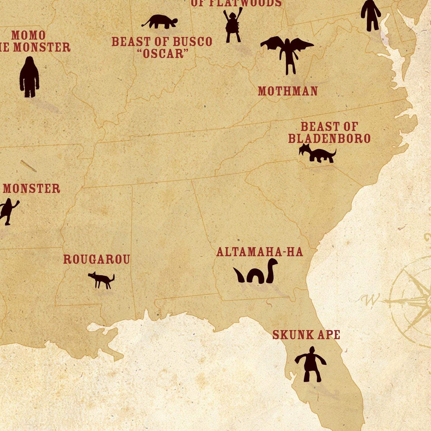 Map of the United States with various legendary creatures labeled in red text on a beige background.