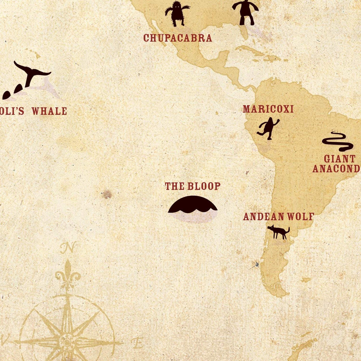 Map of South America with various mythical creatures labeled on a vintage-style background.