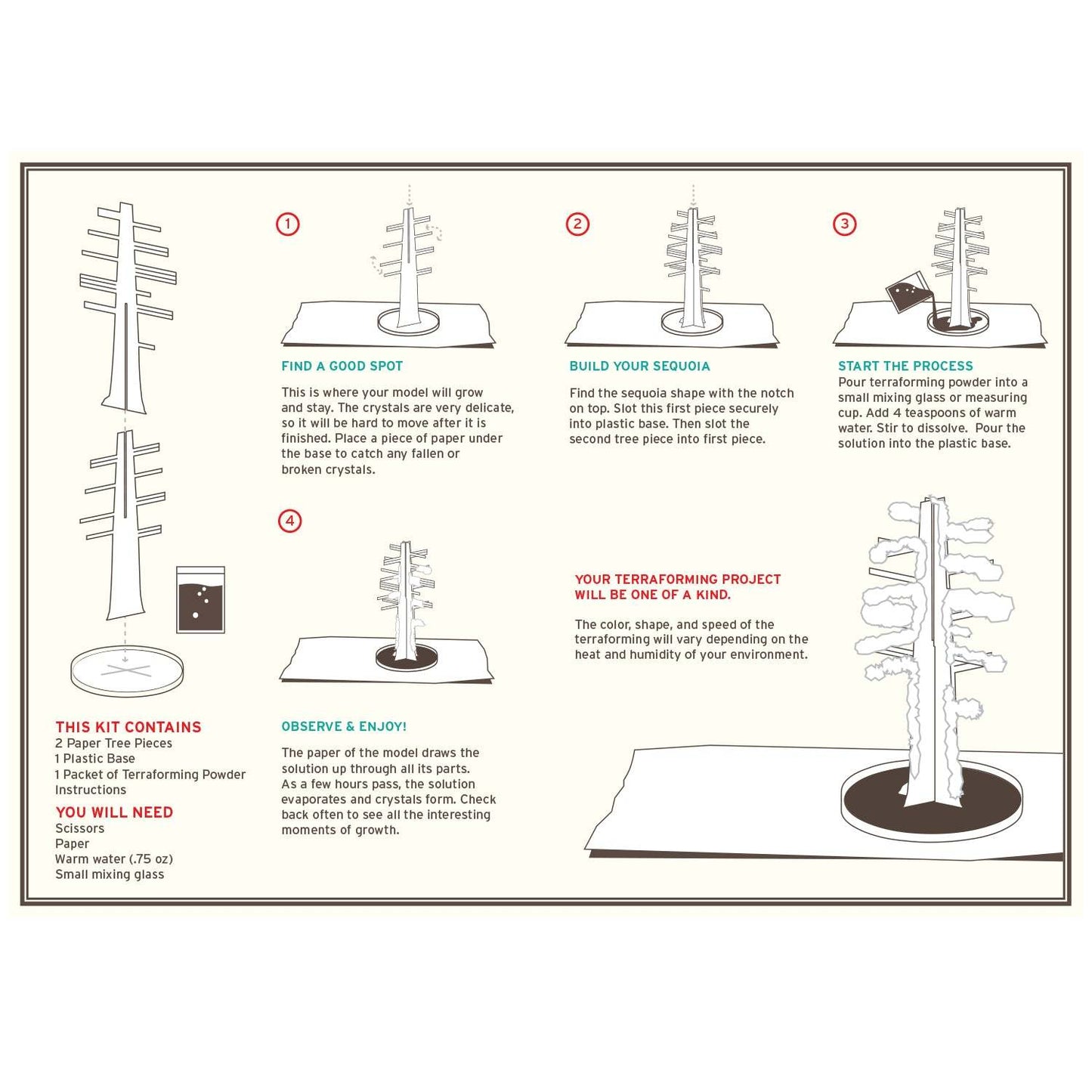 Instructions for a crystal growing tree kit with step-by-step illustrations and text.