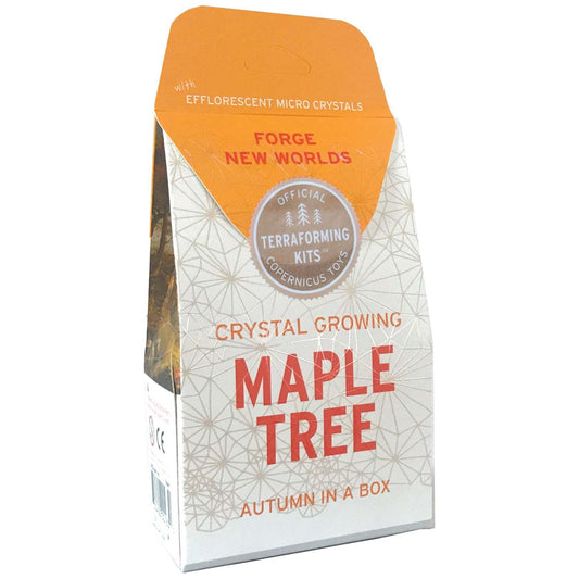 Crystal growing kit packaging for a maple tree with orange and white design.