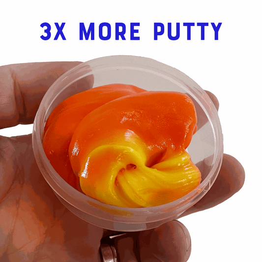 Clear container with orange and yellow putty, held by a hand, on a white background with '3X MORE PUTTY' text.