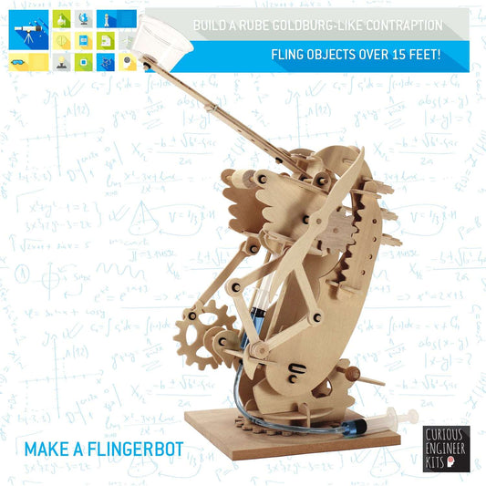 Wooden mechanical model of a flingerbot with text on a light blue background