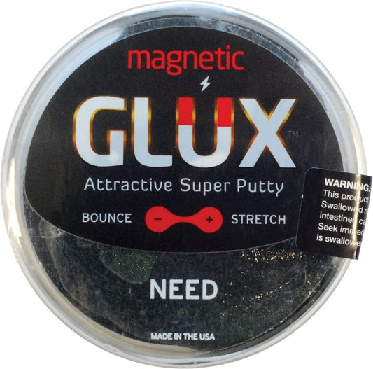 Magnetic GLUX putty container with label on a white background