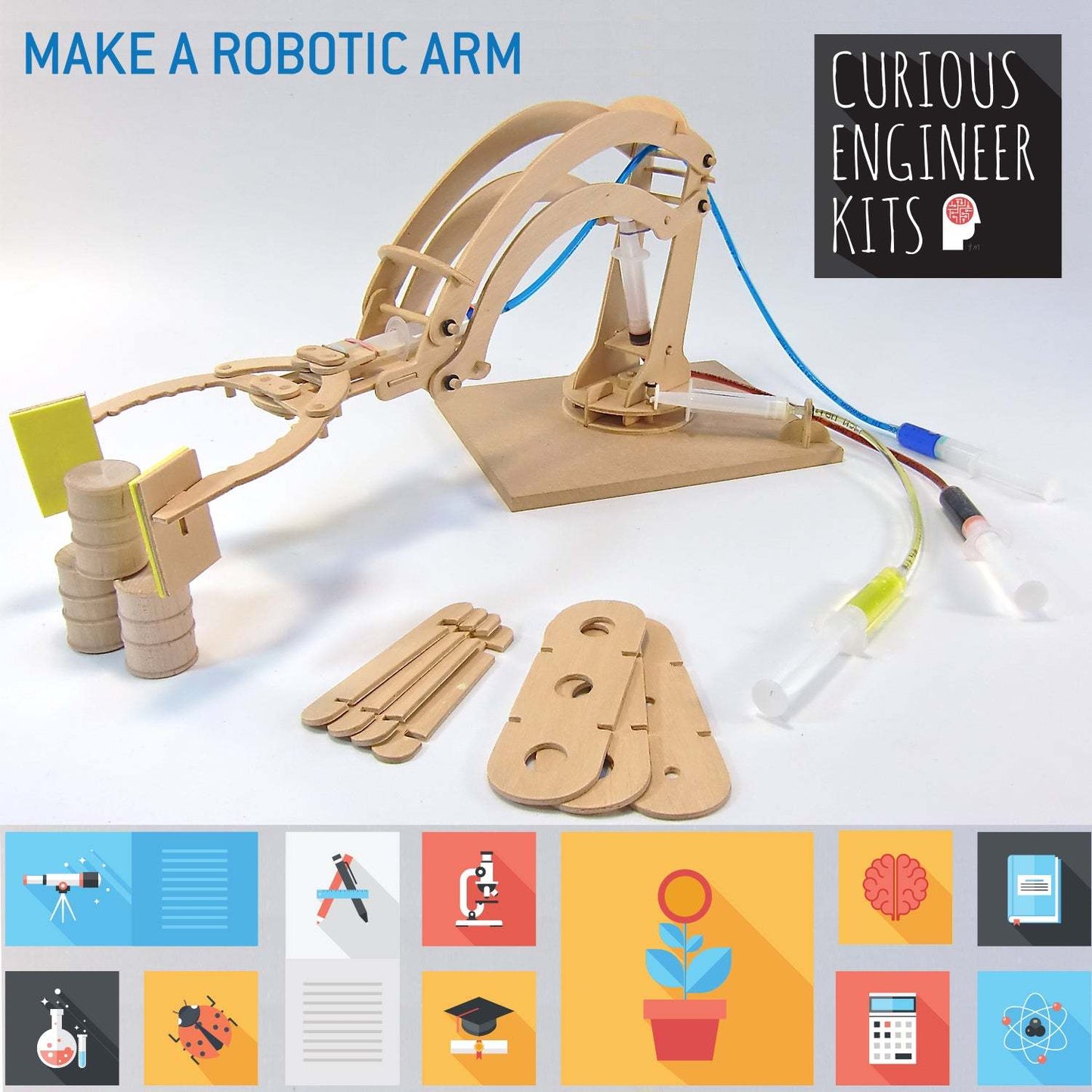 Wooden robotic arm kit with components and Curious Engineer Kits branding on a light background.