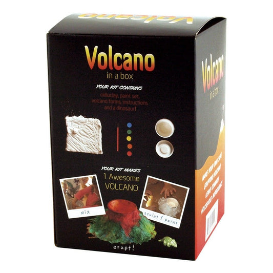 Box for a volcano-making kit with colorful text and images on a white background