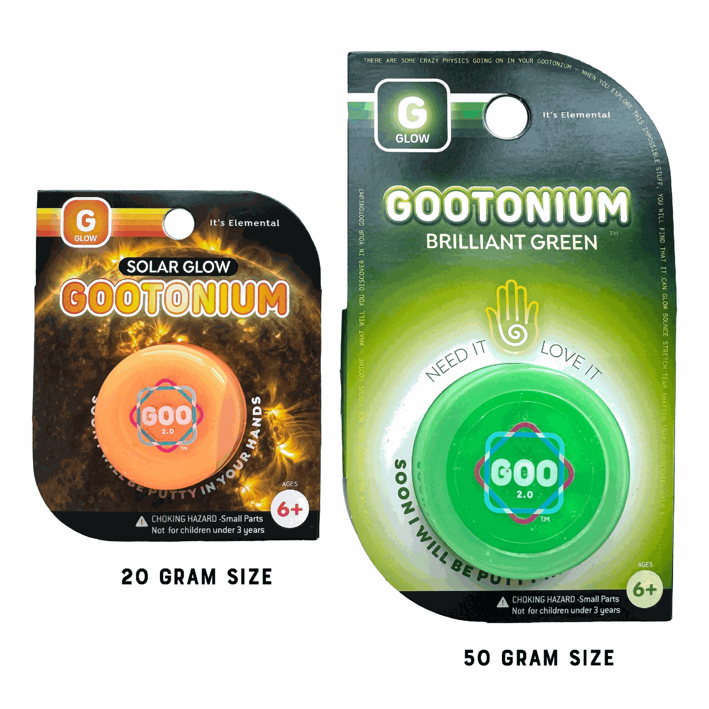 Two packages of Gootonium, one solar glow and one brilliant green, on a white background.