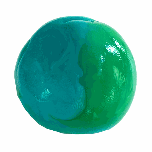 Green and blue ball of gootonium on a white background