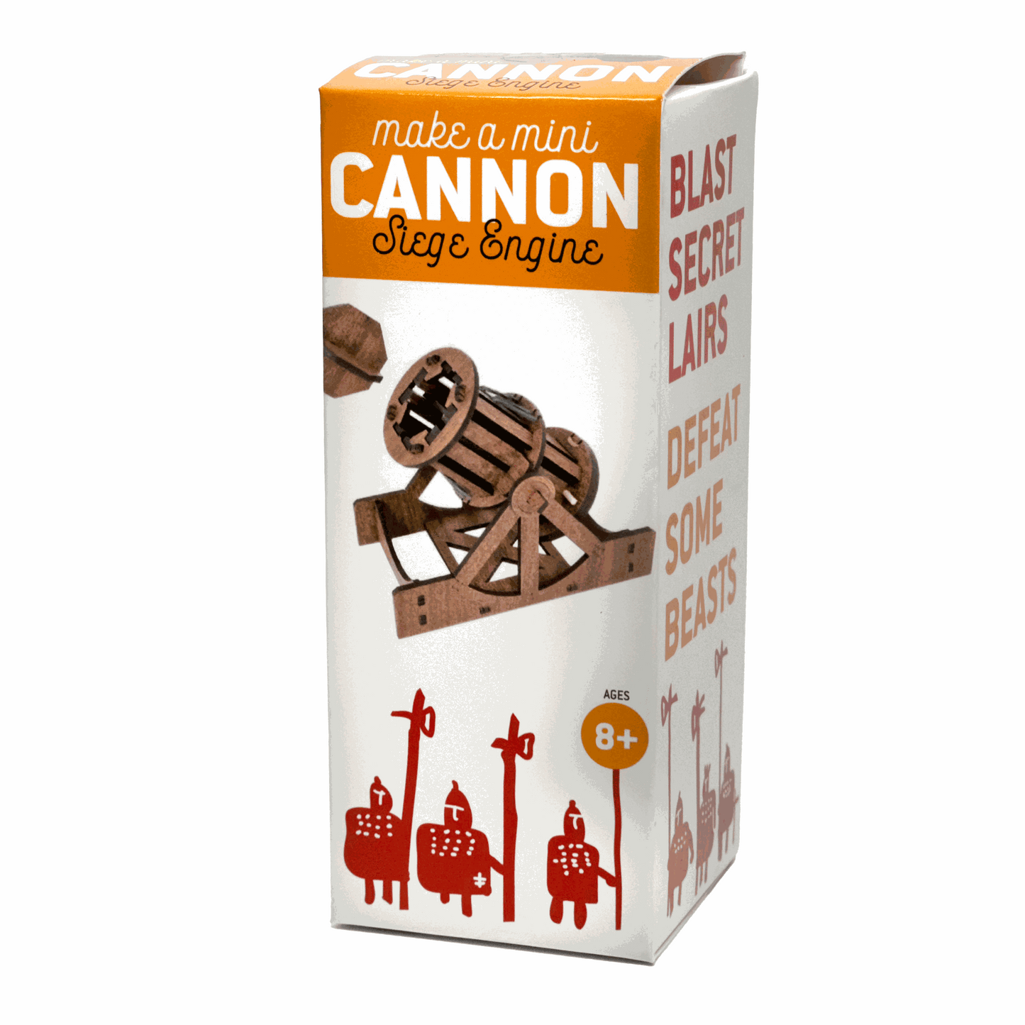 Box for 'make a mini cannon siege engine' toy set with text and illustrations on a white background