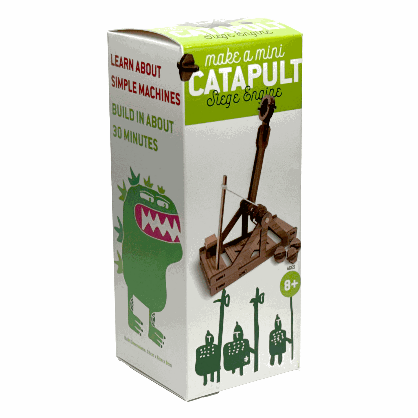 Box for a mini catapult toy with a dragon illustration on a white background