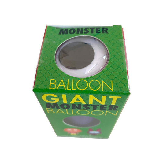 Box for a giant monster balloon with green and yellow text on a white background