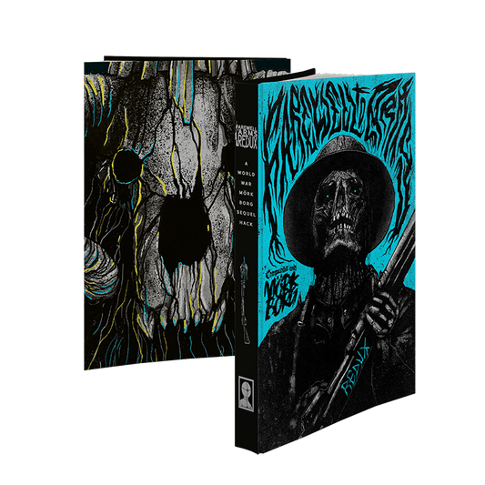 Gothic-style book with skeleton design on a white background