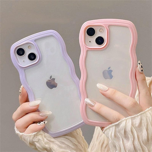 Cute Transparent Curly Wave Phone Case For iPhone 14Pro 13 12 11 Pro Max X XR XS Max Candy Color Shockproof Clear Hard Cover Shockproof Popular Wavy Stylish Phone Case