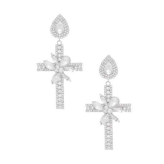 Drop Long Formal Silver Crystal Cross Earrings