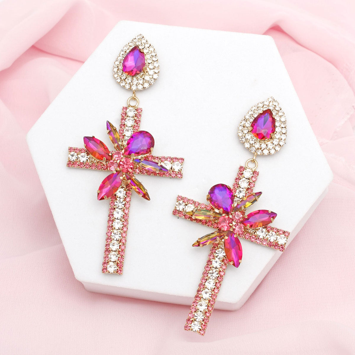 Drop Long Formal Purple Crystal Cross Earrings