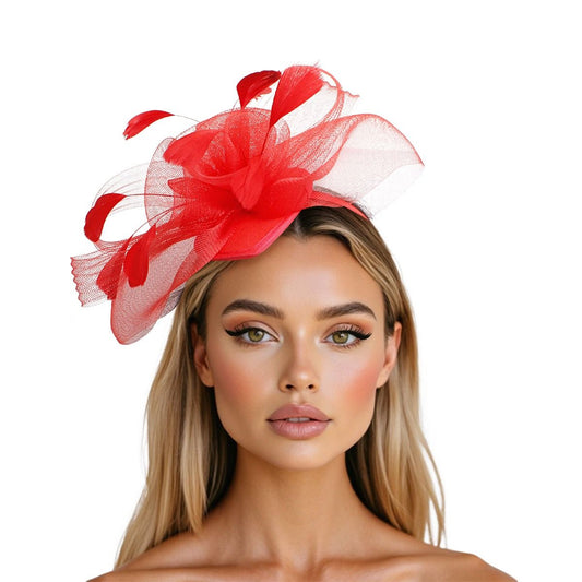 DST Red Flowers Derby Tilt Feather Fascinator
