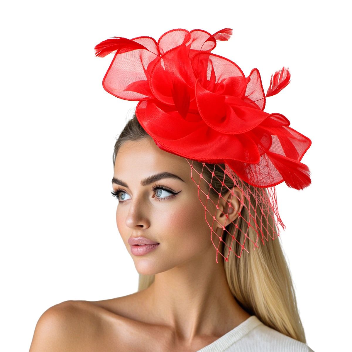 DST Red Flower Net Derby Tilt Feather Fascinator