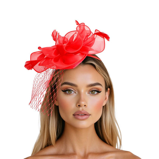DST Red Flower Net Derby Tilt Feather Fascinator