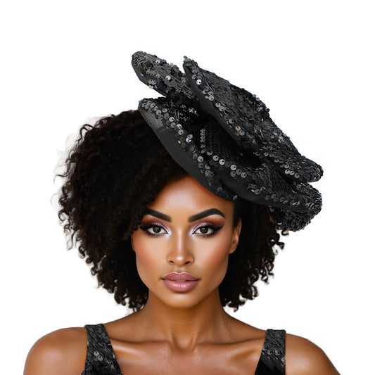 XL Flower Black Sequin Hair Clip Headband Brooch