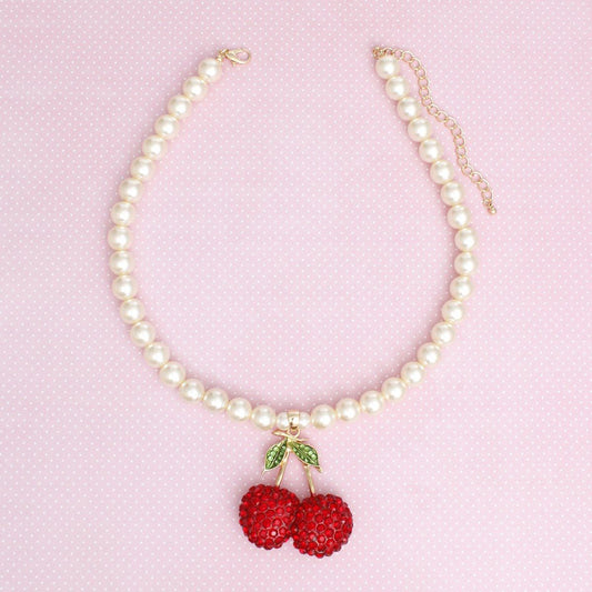 Pendant Cream Pearl Chunky Cherry Red Necklace