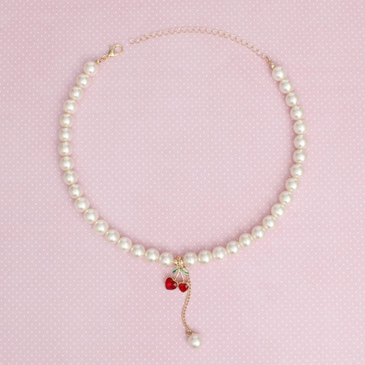 Charm Cream Pearl Cherry Red Heart Necklace Women