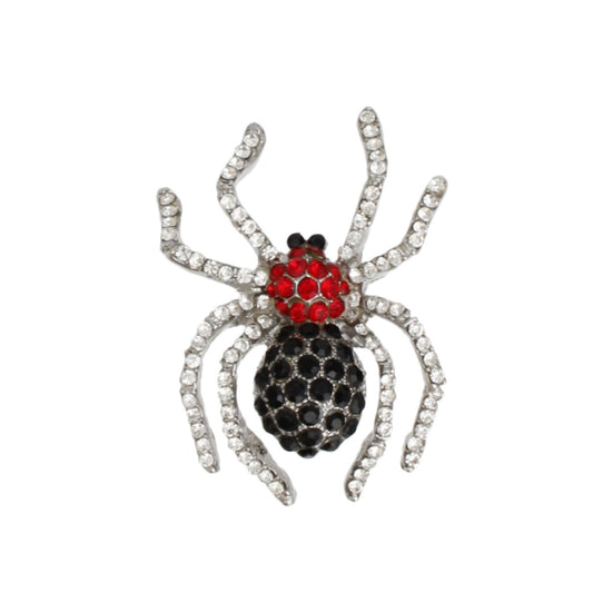 Brooch Spooky Sparkle Silver Spider Black Red Pin