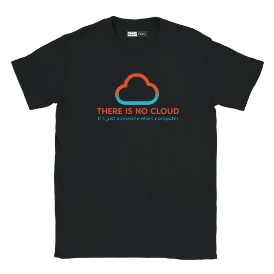 Black t-shirt with colorful cloud graphic and text on a white background