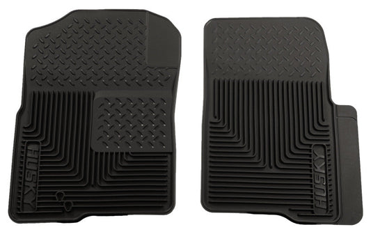 Two black car floor mats with a brand logo on a white background