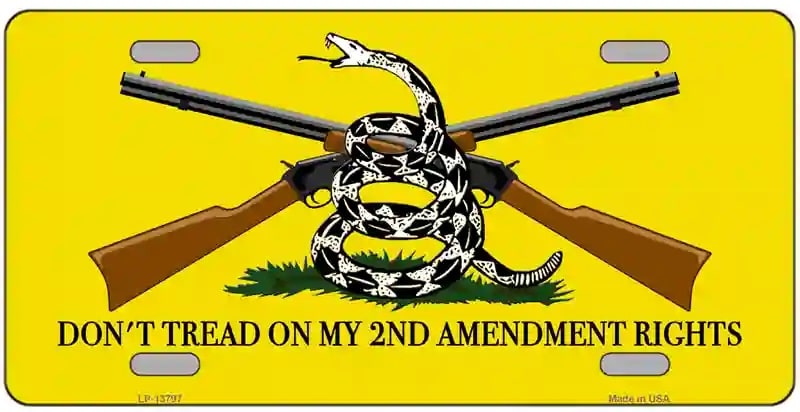 License plate with a snake, rifles, and text 'Don't Tread on My 2nd Amendment Rights' on a yellow background.