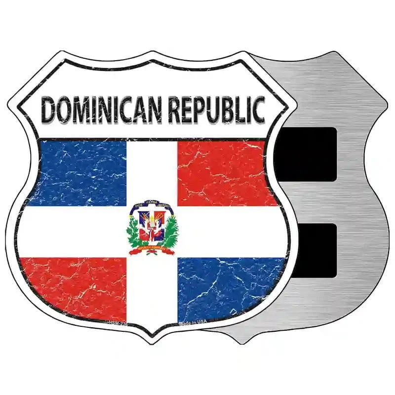 Shields with the flag of the Dominican Republic and 'Dominican Republic' text on a white background
