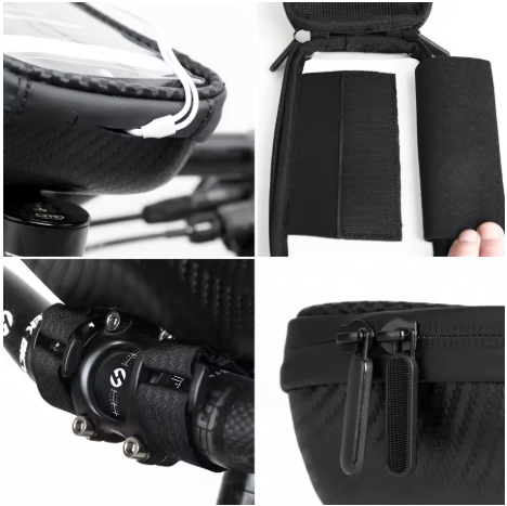 Collage of bicycle accessories including a black seat, handlebar straps, and a black bag.