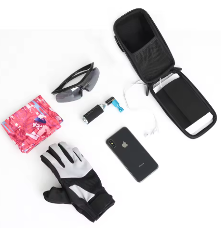 Collection of travel essentials including a phone, sunglasses, and gloves on a white background
