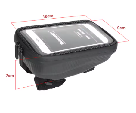 Black phone mount with dimensions labeled on a white background