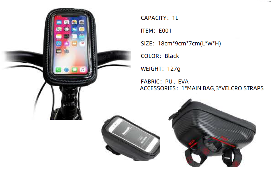 Black phone holder with smartphone display on a white background, showing product details.