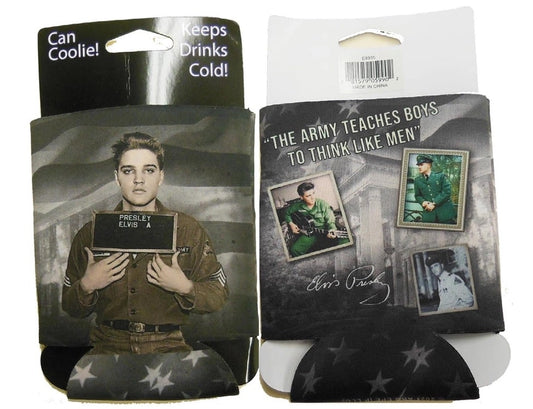 Front and Back of can coolers with Elvis Presley Army images and text on a white background