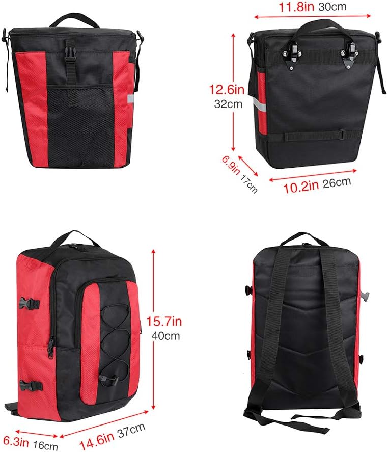 Black and red backpack with dimensions displayed on a white background