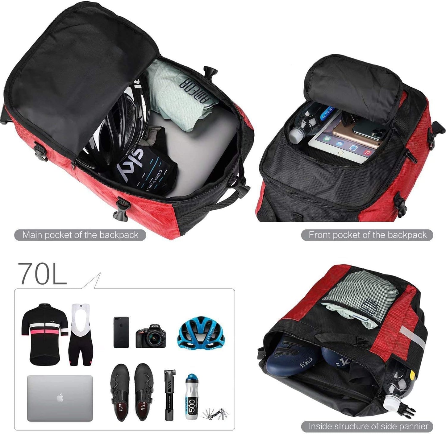 Red and black backpack with various compartments and items displayed.
