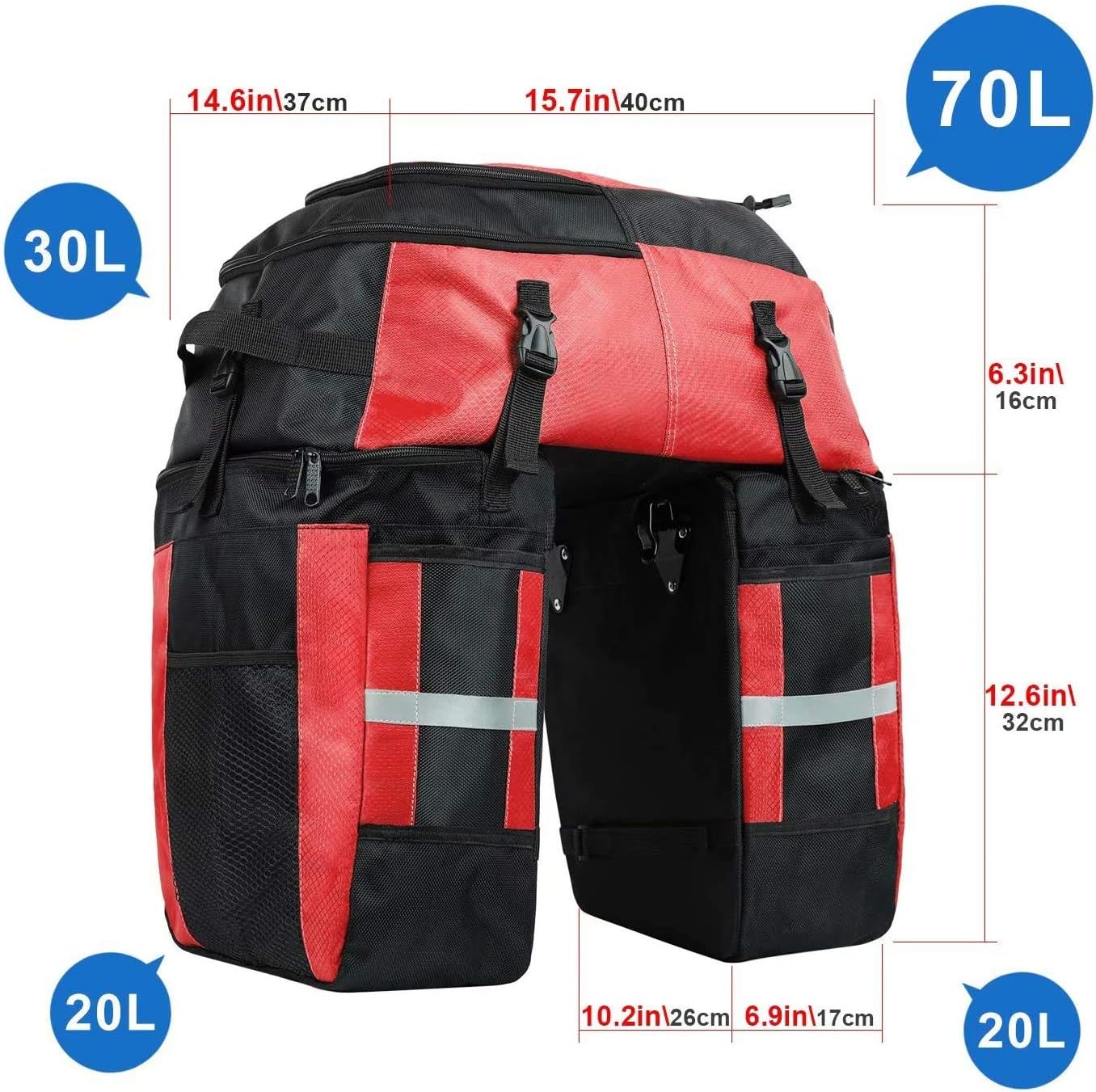 Black and red backpack with dimensions labeled on a white background