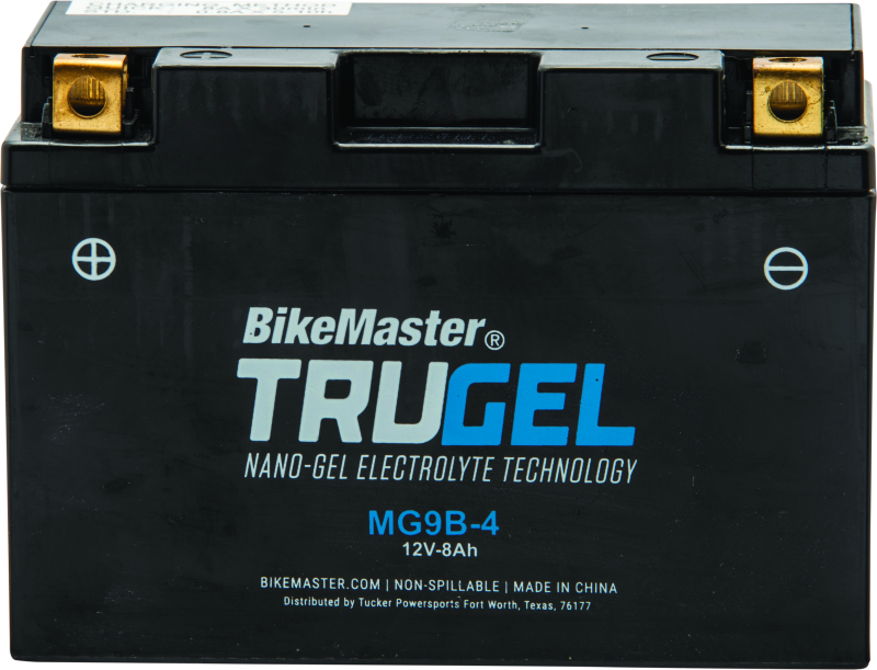 BikeMaster TruGel battery with visible branding and specifications.
