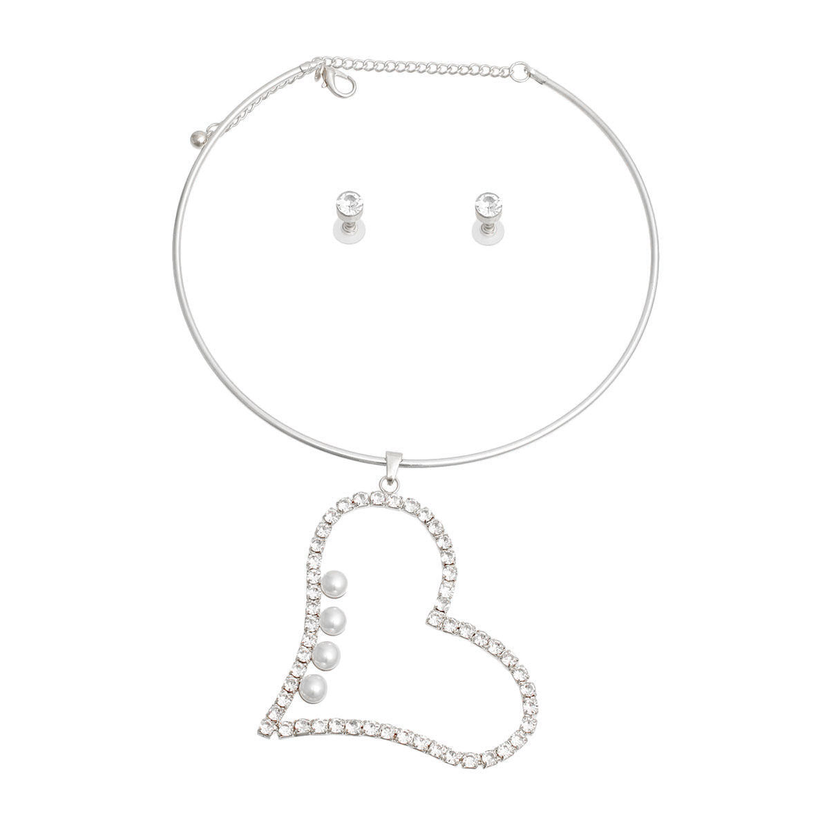Silver Pearl Rhinestone Heart Choker