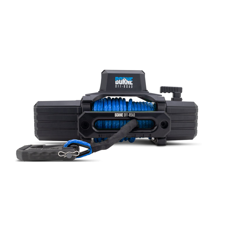 Black winch with blue cable on a white background