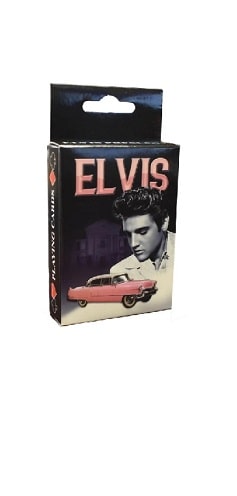 Product packaging featuring Elvis Presley with a pink car on a white background