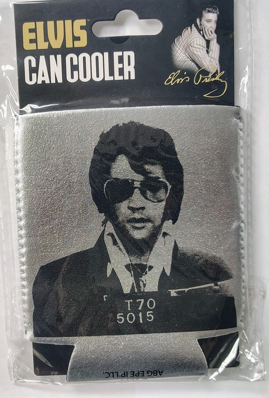 Elvis Presley can cooler with a black and white portrait on a clear package