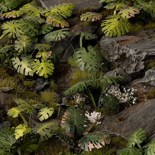Artificial greenery with leaves and rocks for decorative purposes