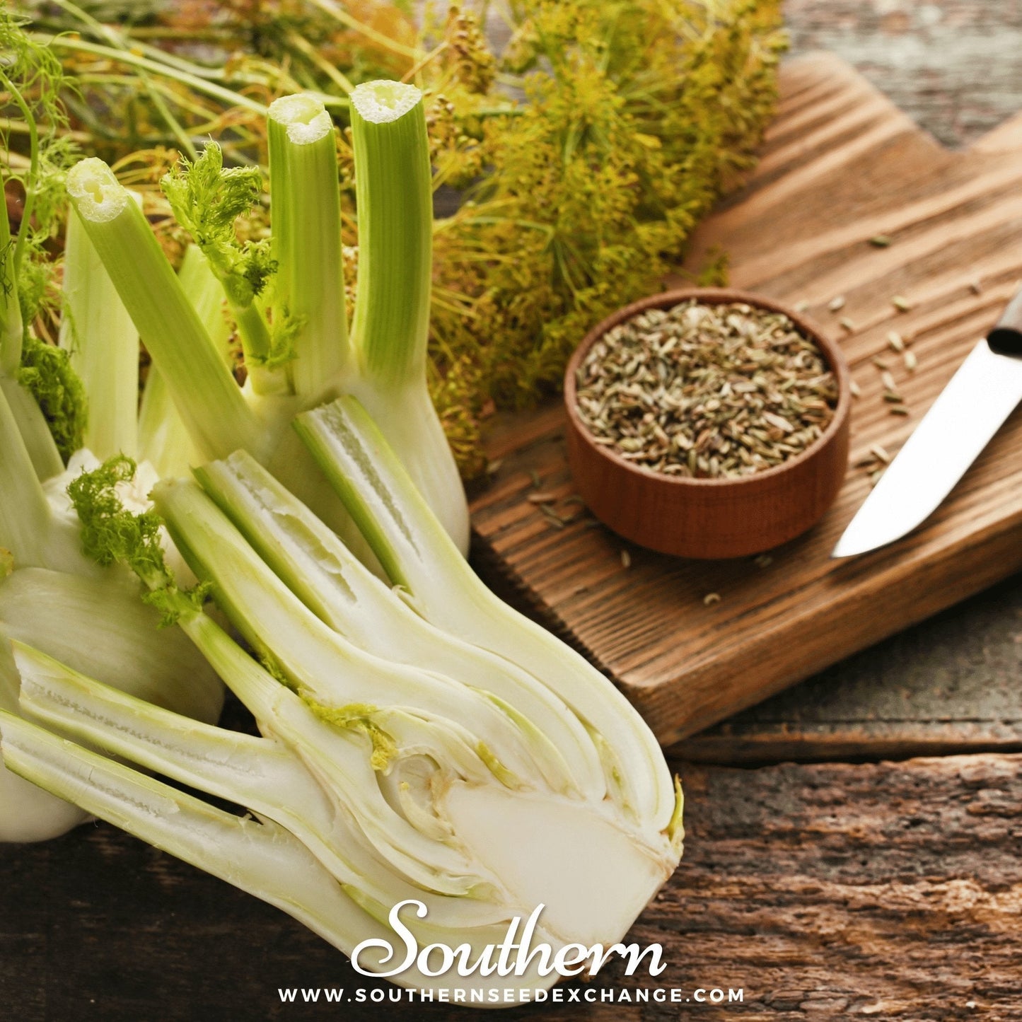 Bunch of fennel on a wooden cutting board with a bowl of seeds and a knife, branded 'Southern Seed Exchange'.