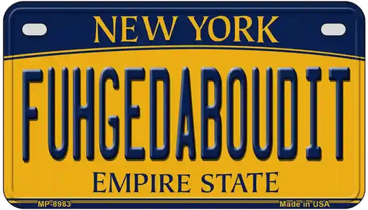Motorcycle license plate with 'FUHGEDABOUIT' text and New York state design.