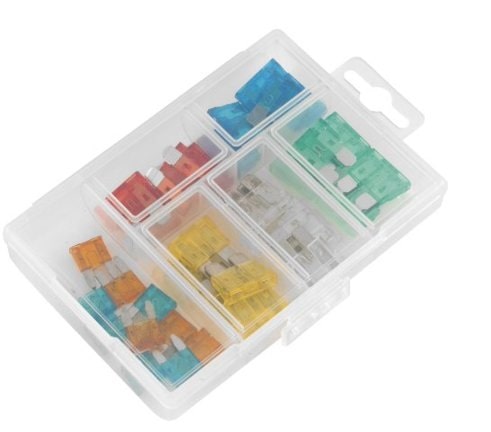 Assorted car fuses in a clear plastic case on a white background