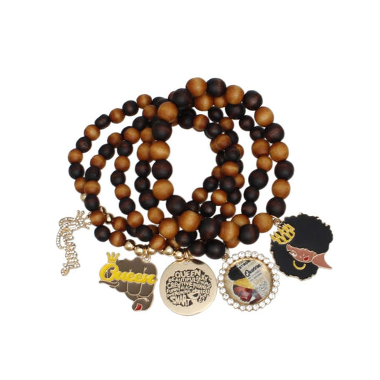 Bracelets Wood Bead Black Queen Charm Set